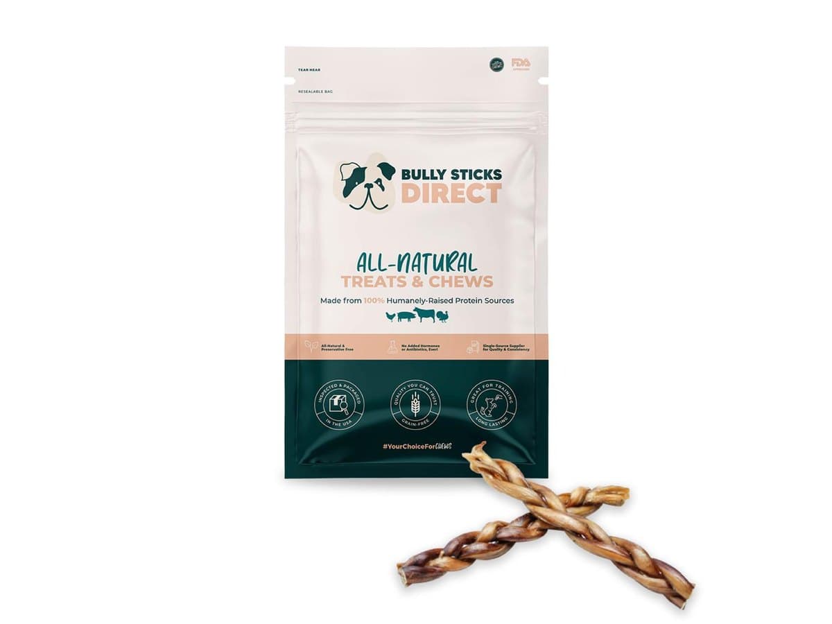 A Bully Sticks Direct treats pouch with two braided bully sticks in front, on white.