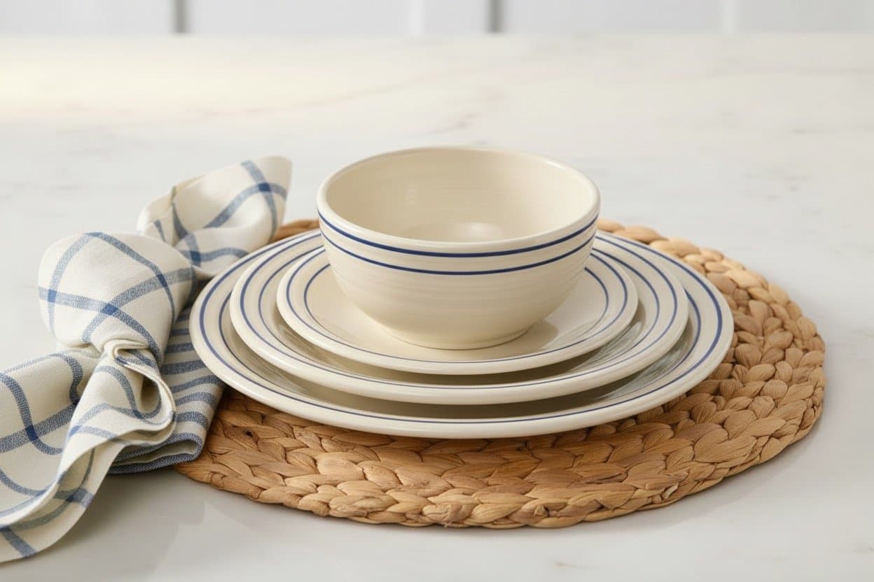 A cream Fiesta bowl and plates with blue bands stacked on a woven rattan placemat beside a blue checked napkin.
