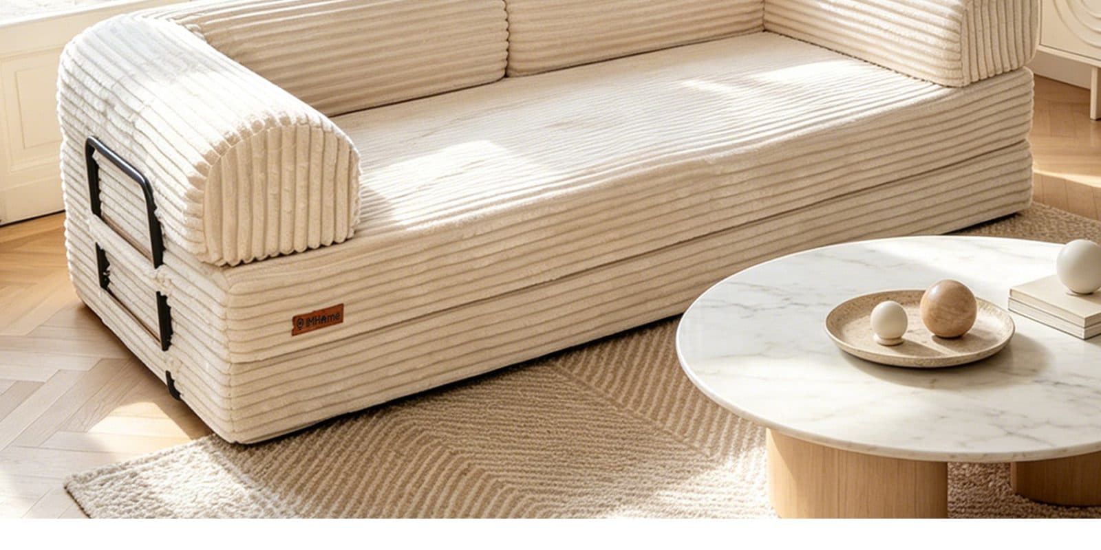 A cream corduroy sofa beside a round marble coffee table on a woven rug in a sunlit room