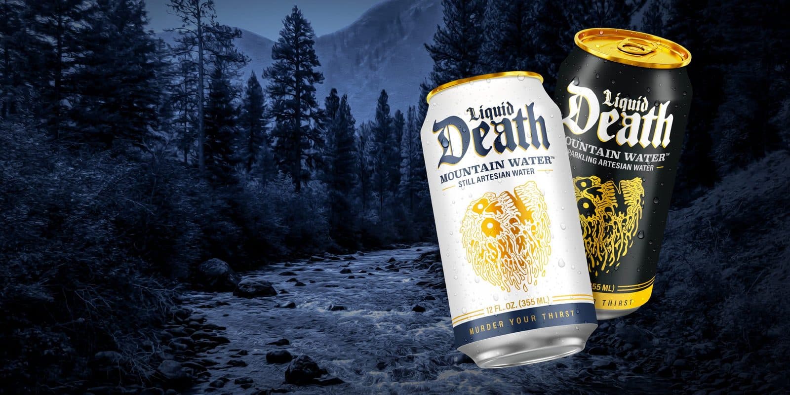 Two Liquid Death Mountain Water cans, one white and one black, over a dark pine forest and a river at dusk.