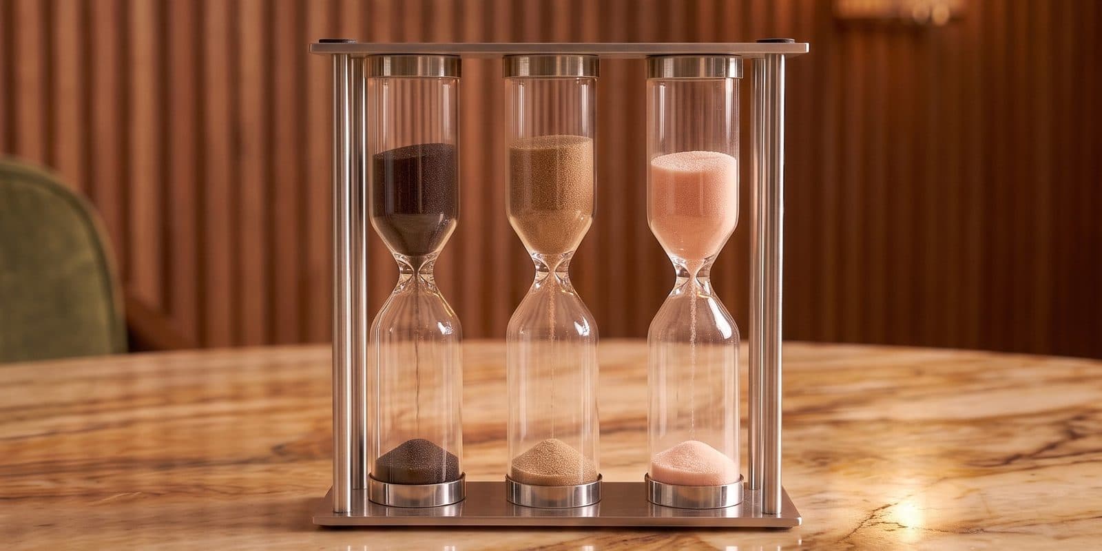 Three tea timers in a brass frame, with dark, gold and pink sand, on a polished wood table