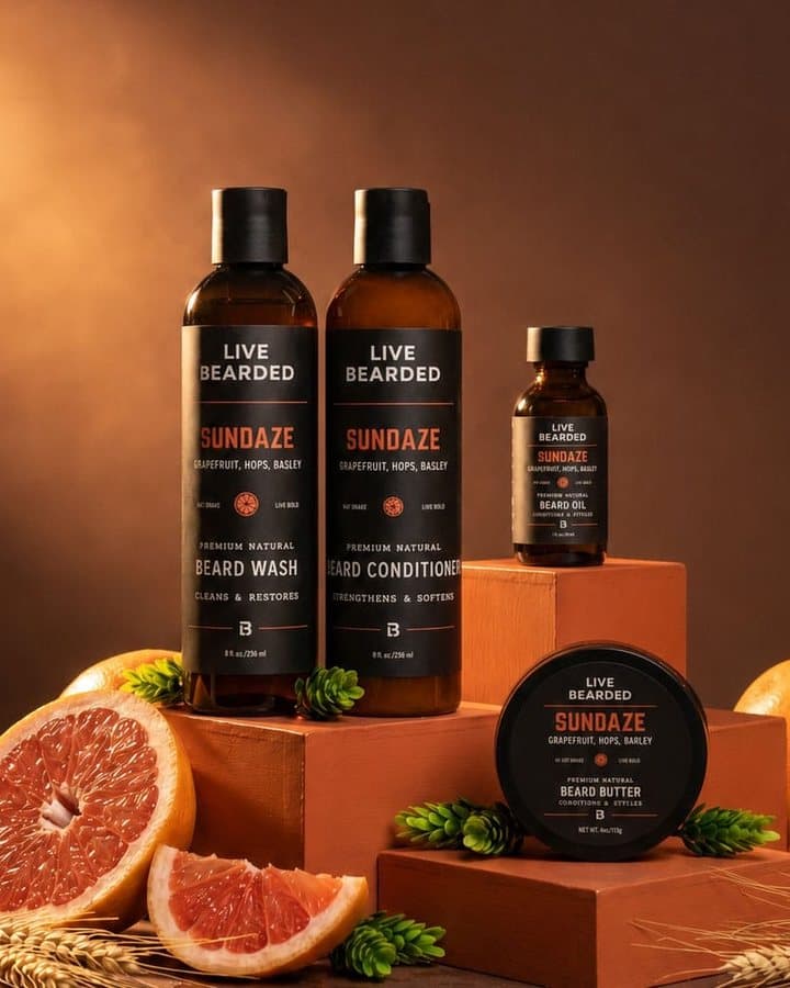 Live Bearded Sundaze beard wash, conditioner, oil and butter on terracotta blocks beside halved grapefruit.